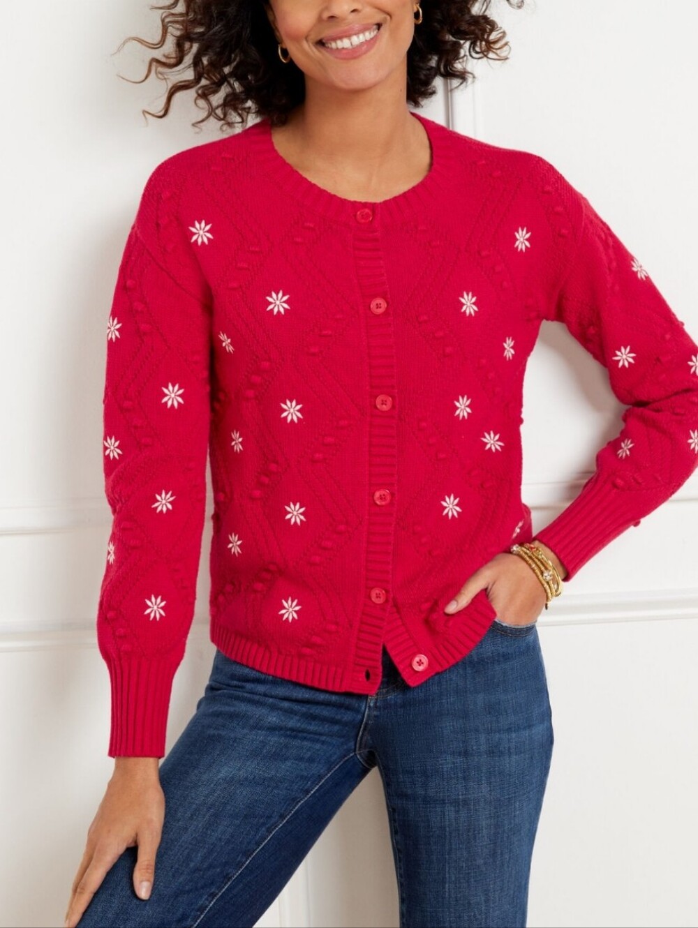NWT Talbots Embroidered Bobble Red Snowflake Cotton Blend Cardigan Sweater